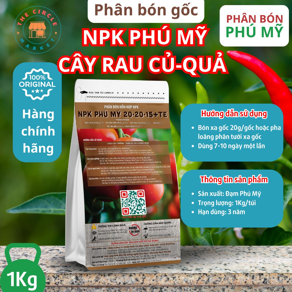 Phân NPK Đạm Phú Mỹ 20-20-15+TE cho rau ăn củ quả (1Kg)