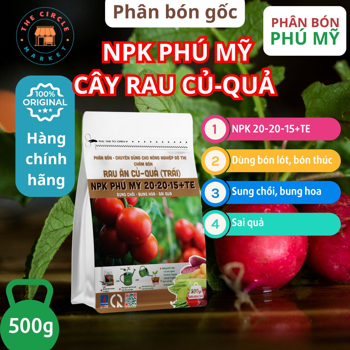 Phân NPK Đạm Phú Mỹ 20-20-15+TE cho rau ăn củ quả (500g)