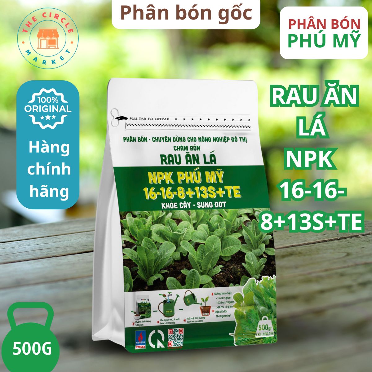 Phân NPK Đạm Phú Mỹ + BioWish cho rau ăn lá 16-16-8-13S+TE (500g)