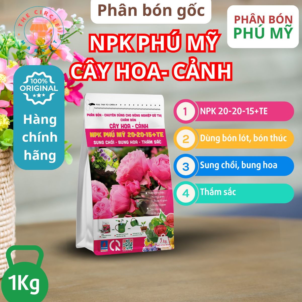 Phân NPK Đạm Phú Mỹ 20-20-15+TE cho cây hoa cảnh (1Kg)