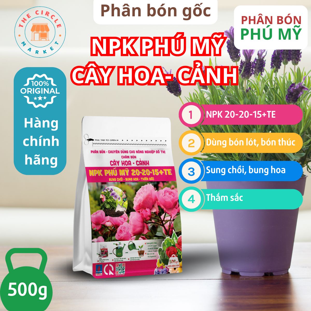 Phân NPK Đạm Phú Mỹ 20-20-15+TE cho cây hoa cảnh (500g)