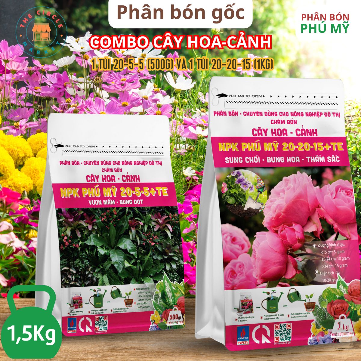 Combo 2 túi phân Đạm Phú Mỹ cho cây hoa cảnh (500g và 1Kg)