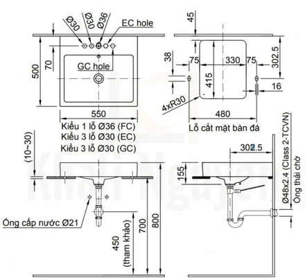 Bản vẽ bồn rửa mặt lavabo INAX AL536V