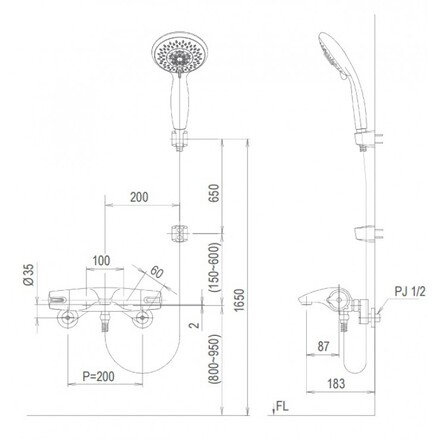 Bản vẽ kỹ thuật vòi sen tắm lạnh INAX BFV-5103T-3C